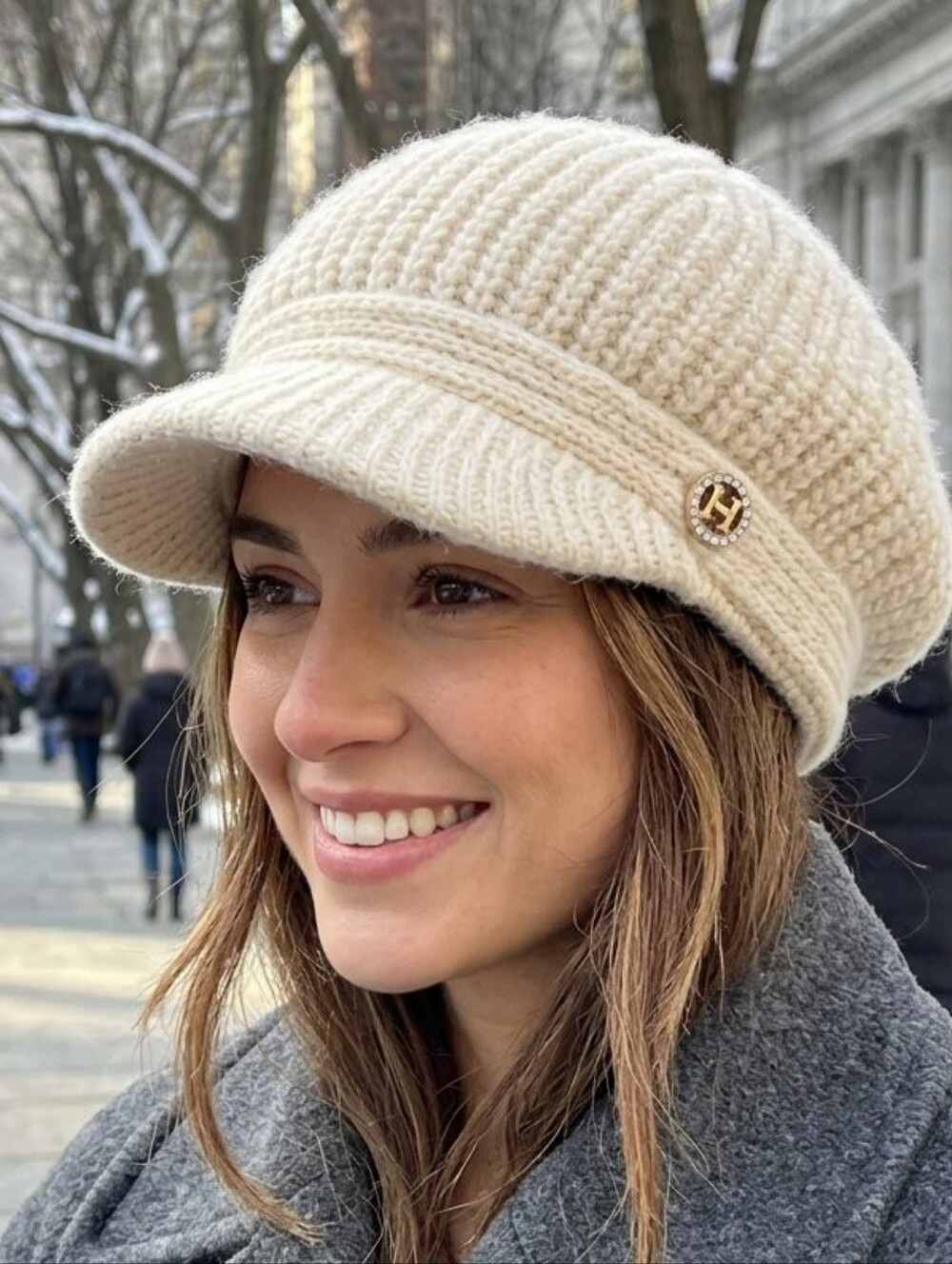 Hermes Cream Knit Visor Cap with Gold H Button• Size OS